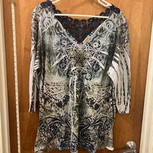 Size 3X - One World - Navy Lace and Multi-Colored Knit Pullover